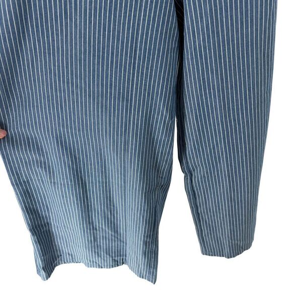 Wide Leg Jumpsuit L Blue Pin Striped Floral Embroidered Ruffle San Joy Open Back - Picture 5 of 11